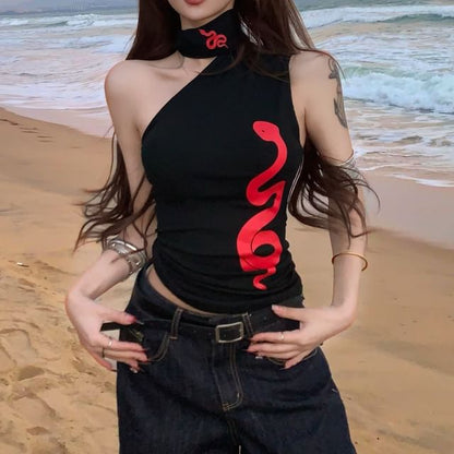 Tank Top One-Shoulder Snake Slim Print Fit Halter