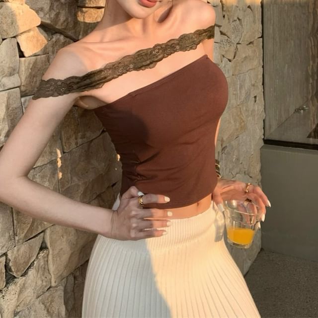 Halter Plain Lace Panel Padded Crop Slim Fit Top