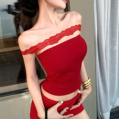 Halter Plain Lace Panel Padded Crop Slim Fit Top