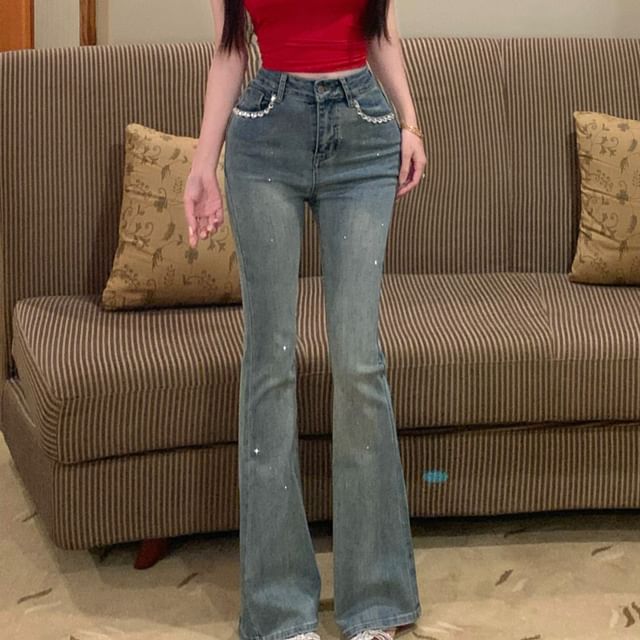 Mid Rise Washed Rhinestone Trim Bootcut Jeans