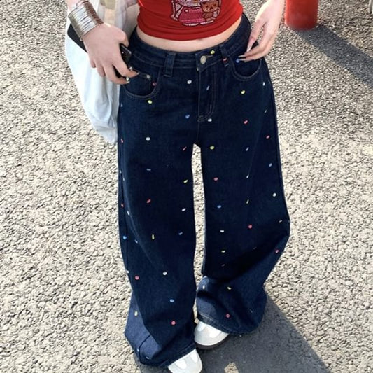 High Waist Floral Embroidered Wide Leg Jeans