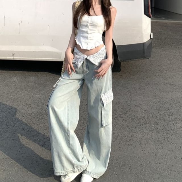 Lace Trim Button-Up Crop Camisole Top / Low Rise Washed Lace Panel Wide Leg Cargo Jeans