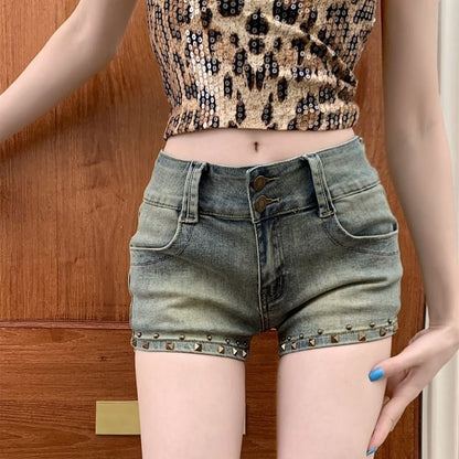 Low Rise Washed Studded Denim Shorts