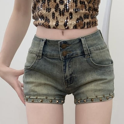 Low Rise Washed Studded Denim Shorts