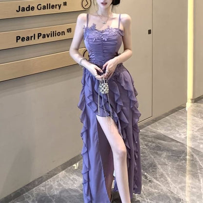 Spaghetti Strap Plain Lace Panel Ruffle Ruched Slit Maxi A-Line Dress