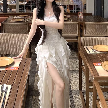 Spaghetti Strap Plain Lace Panel Ruffle Ruched Slit Maxi A-Line Dress