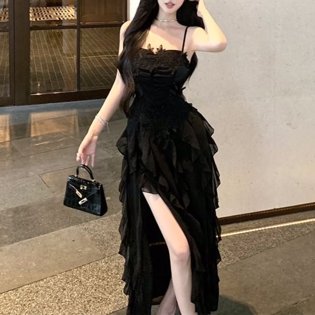 Spaghetti Strap Plain Lace Panel Ruffle Ruched Slit Maxi A-Line Dress