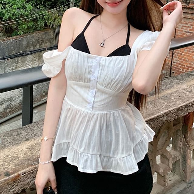 Plain Halter Top / Puff-Sleeve Bow Open Back Peplum Blouse