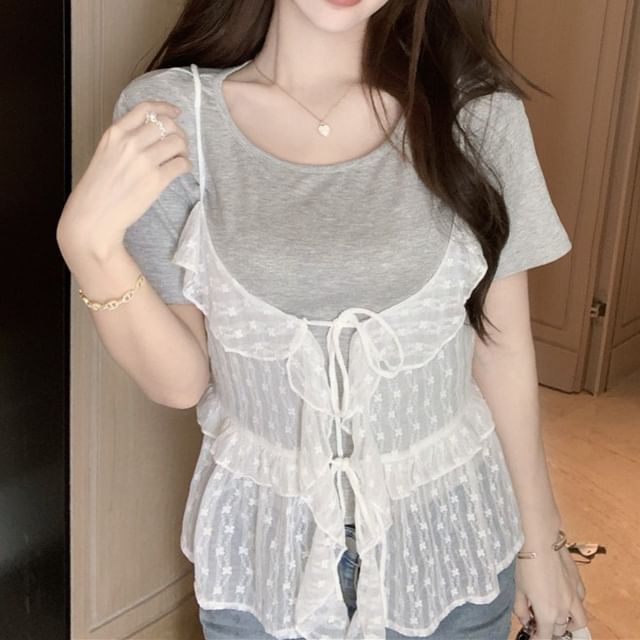 Set: Short-Sleeve Crew Neck Plain Tee + Floral Ruffle Sheer Cami Top