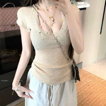 Short-Sleeve Scoop Neck Plain Beaded Sheer T-Shirt