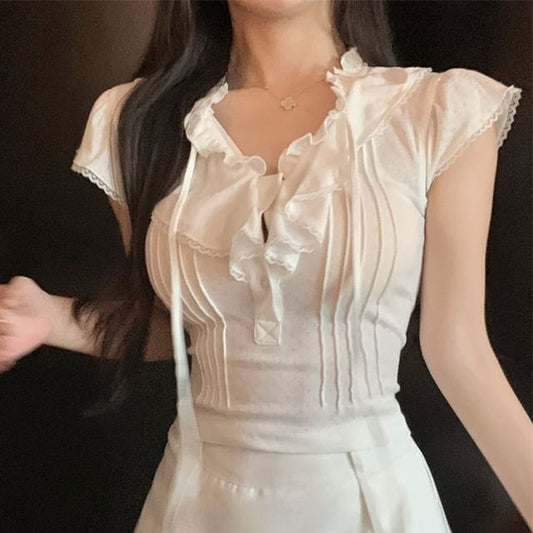 Cap-Sleeve Plain Ruffle Lace Trim T-Shirt