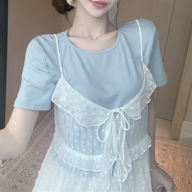 Set: Short-Sleeve Crew Neck Plain Tee + Floral Ruffle Sheer Cami Top