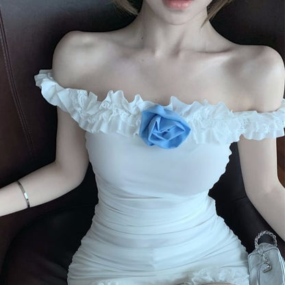 Off-Shoulder Plain Ruffle Flower Detail T-Shirt / High Waist Lace Trim Hot Pants