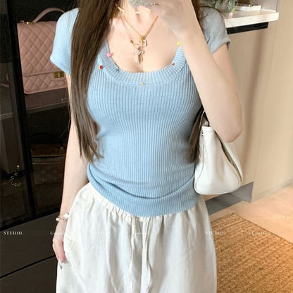Short-Sleeve Scoop Neck Plain Beaded Sheer T-Shirt