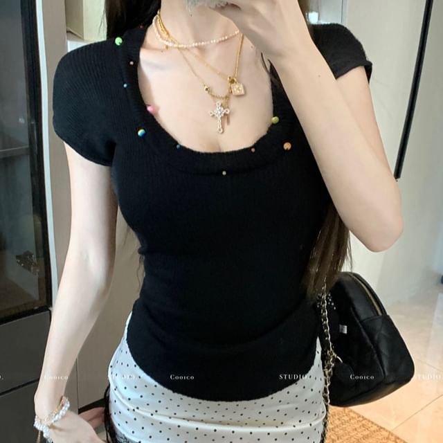 Short-Sleeve Scoop Neck Plain Beaded Sheer T-Shirt