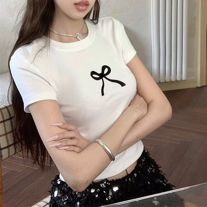 Short-Sleeve Round Neck Bow Print Cropped T-Shirt