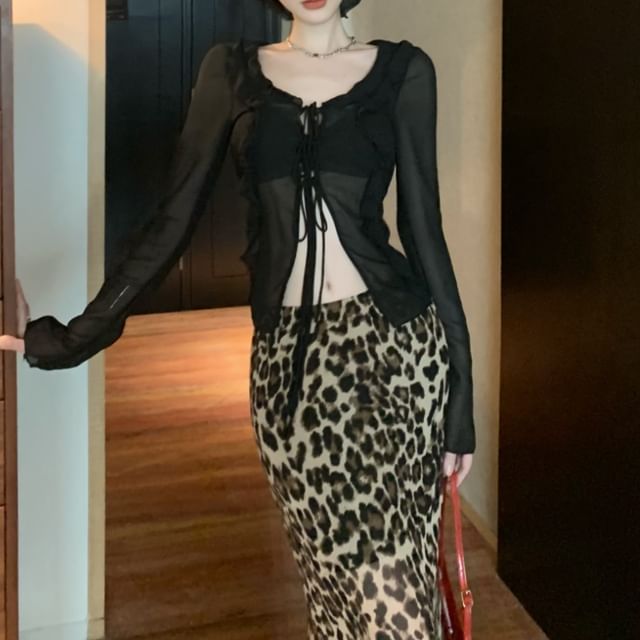 Long-Sleeve Plain Front-Slit Sheer Top / High Waist Leopard Print Maxi Mermaid Skirt