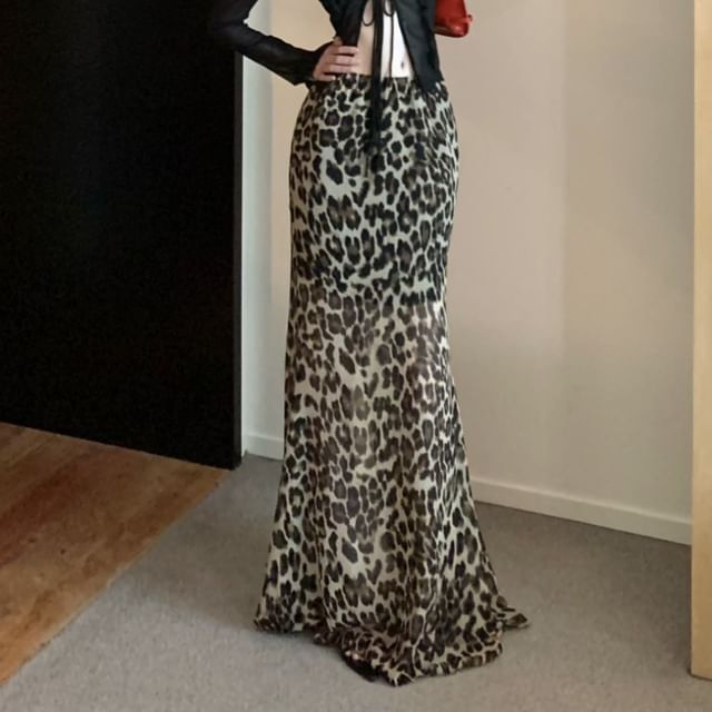 Long-Sleeve Plain Front-Slit Sheer Top / High Waist Leopard Print Maxi Mermaid Skirt