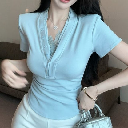 Short-Sleeve V-Neck Plain Lace Trim Ruched T-Shirt