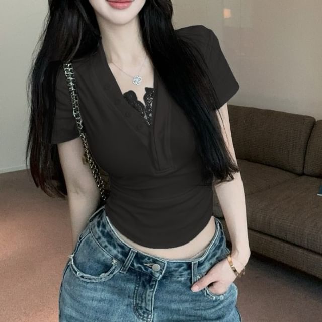 Short-Sleeve V-Neck Plain Lace Trim Ruched T-Shirt