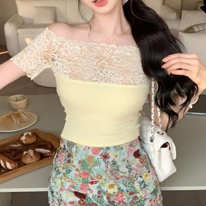 Short-Sleeve Off-Shoulder Plain Lace Trim Tee / High Rise Floral Mini Pencil Skirt