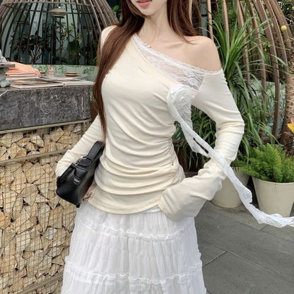 Long-Sleeve One-Shoulder Plain Asymmetrical Lace Trim Ruched Tee / High Rise Maxi A-Line Skirt