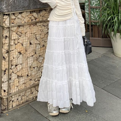 Long-Sleeve One-Shoulder Plain Asymmetrical Lace Trim Ruched Tee / High Rise Maxi A-Line Skirt