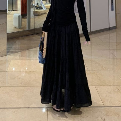 Long-Sleeve One-Shoulder Plain Asymmetrical Lace Trim Ruched Tee / High Rise Maxi A-Line Skirt