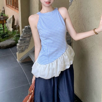 Plaid Panel Asymmetrical Cami Top / High Waist Washed Wide Leg Jeans