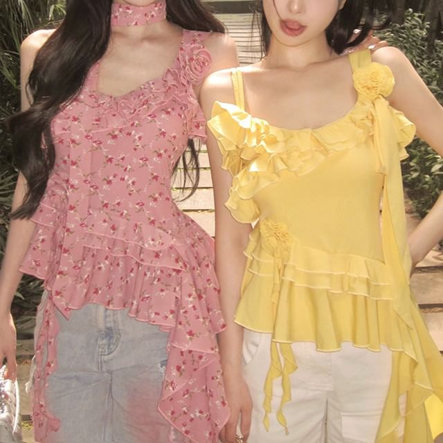 Plain Floral Detail Ruffle Asymmetrical Cami Top
