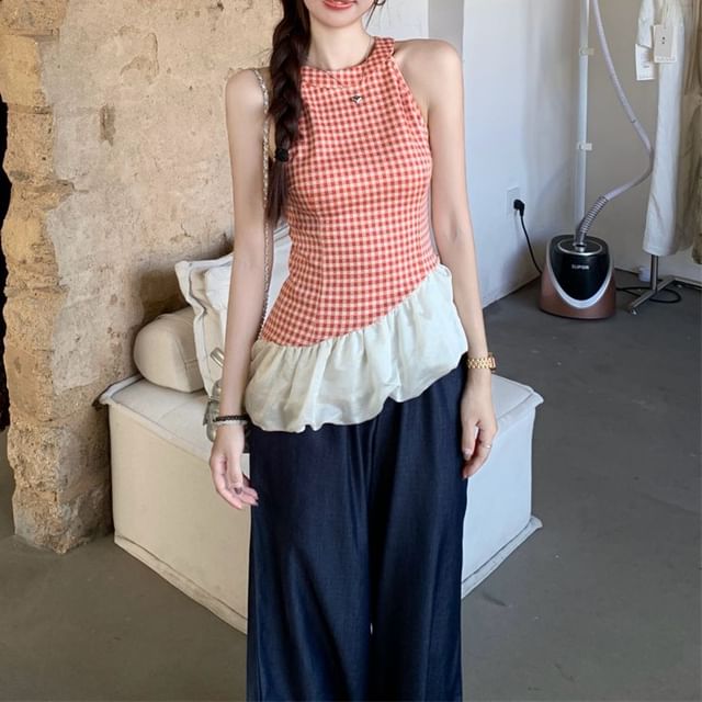 Plaid Panel Asymmetrical Cami Top / High Waist Washed Wide Leg Jeans