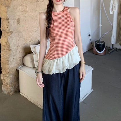 Plaid Panel Asymmetrical Cami Top / High Waist Washed Wide Leg Jeans