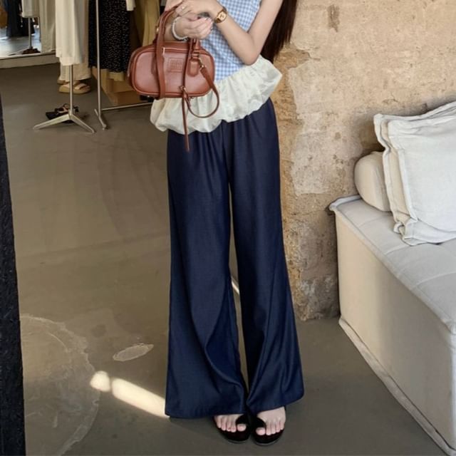 Plaid Panel Asymmetrical Cami Top / High Waist Washed Wide Leg Jeans