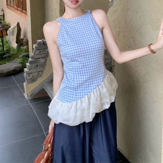 Plaid Panel Asymmetrical Cami Top / High Waist Washed Wide Leg Jeans