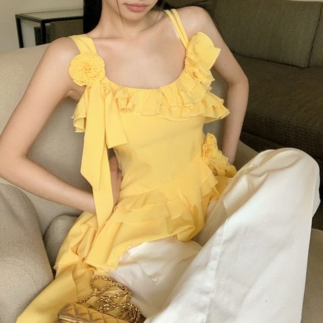 Plain Floral Detail Ruffle Asymmetrical Cami Top