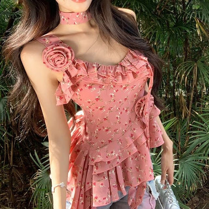 Plain Floral Detail Ruffle Asymmetrical Cami Top