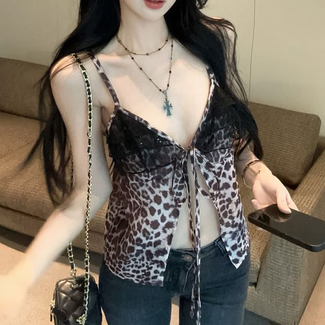 V-Neck Leopard Print Ruffle Panel Tie-Up Slit Cami Top