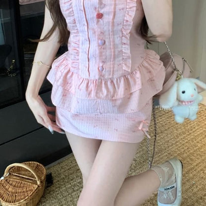Sleeveless Collared Bow Print Ruffle Blouse / Bow Brooch / High Waist Mini Pencil Skirt / Set