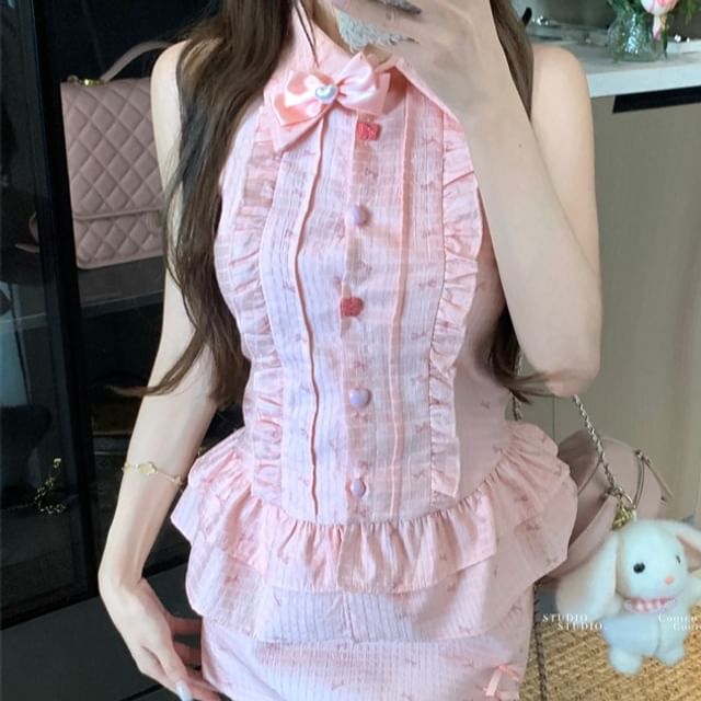 Sleeveless Collared Bow Print Ruffle Blouse / Bow Brooch / High Waist Mini Pencil Skirt / Set
