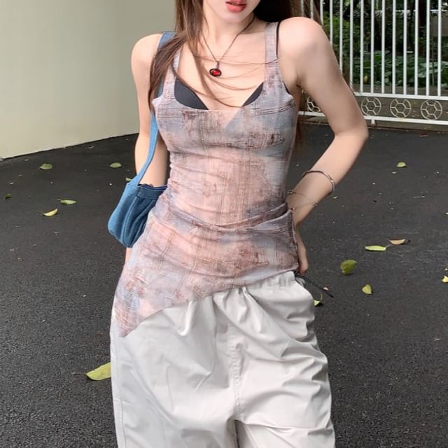 Square Neck Denim Print Asymmetrical Sheer Tank Top / Plain Bra Top