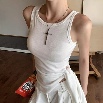 Crew Neck Plain Tie-Up Tank Top