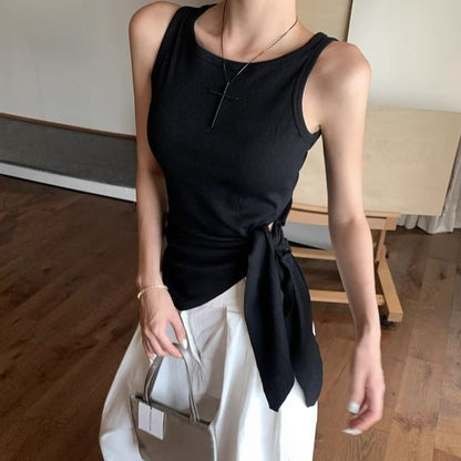 Crew Neck Plain Tie-Up Tank Top