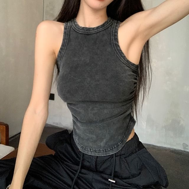 Crew Neck Washed Tank Top / Drawstring Waist Plain Wide Leg Pants