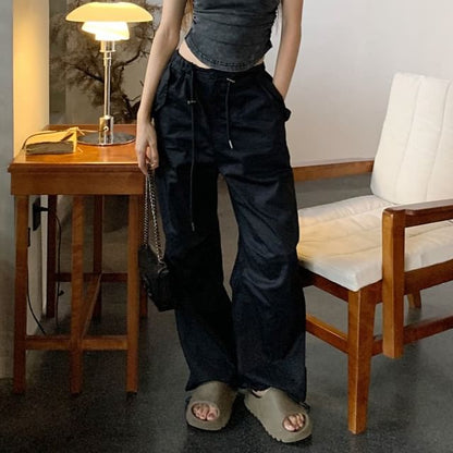 Crew Neck Washed Tank Top / Drawstring Waist Plain Wide Leg Pants