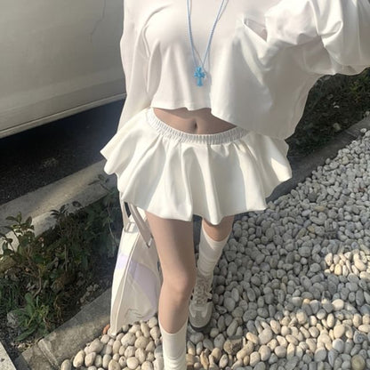 Long-Sleeve Off Shoulder Plain Crop T-Shirt / Mini A-Line Skirt