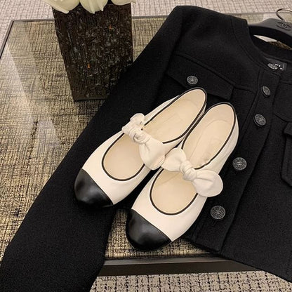 Faux Leather Bow Two Tone Ballet Flats