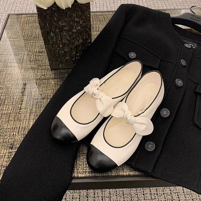 Faux Leather Bow Two Tone Ballet Flats