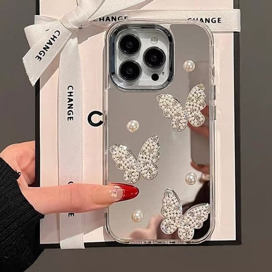 Butterfly Faux Pearl Mirrored Phone Case / Strap / Set
