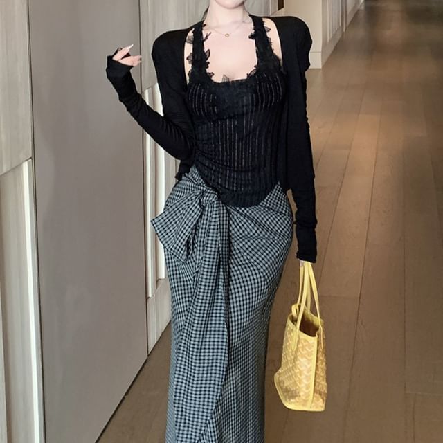 Scoop Neck Pinstriped Panel Lace Tank Top / Plain Cardigan / High Waist Plaid Tie-Up Maxi Pencil Skirt