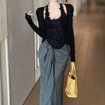 Scoop Neck Pinstriped Panel Lace Tank Top / Plain Cardigan / High Waist Plaid Tie-Up Maxi Pencil Skirt